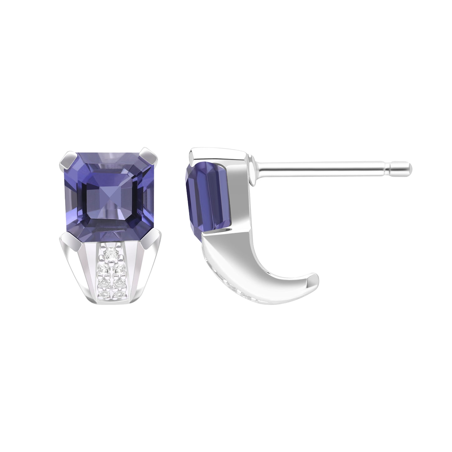 Le Petite Folie: Iolite Emerald Cut 4-Prong Ear Huggie Studs with White Topaz Accents in Rhodium Plated 925 Silver