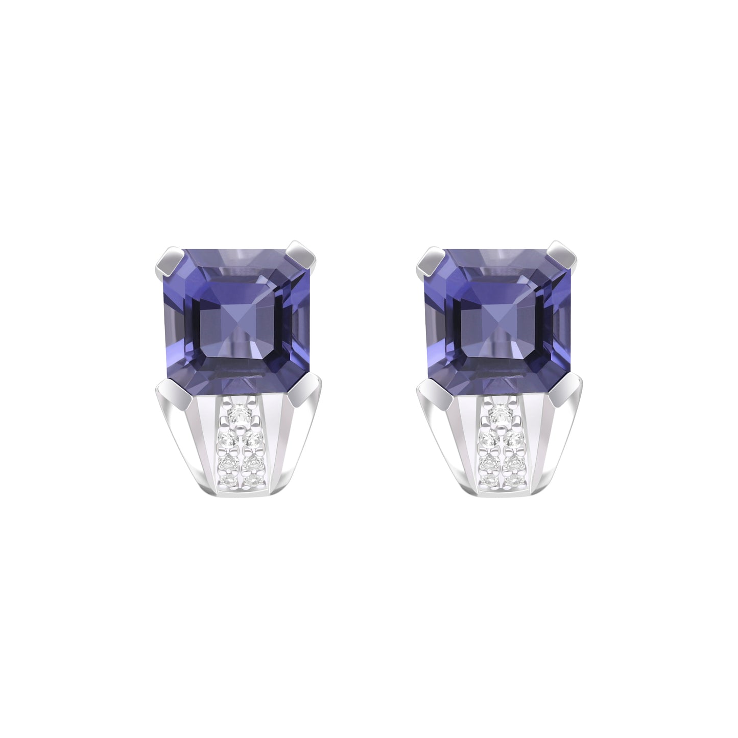 Le Petite Folie: Iolite Emerald Cut 4-Prong Ear Huggie Studs with White Topaz Accents in Rhodium Plated 925 Silver