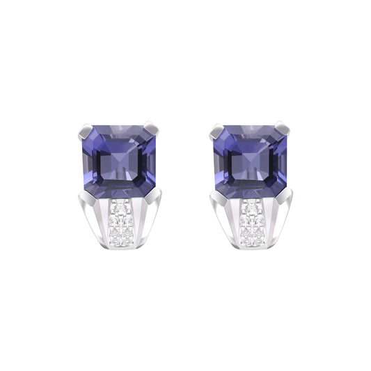 Le Petite Folie: Iolite Emerald Cut 4-Prong Ear Huggie Studs with White Topaz Accents in Rhodium Plated 925 Silver