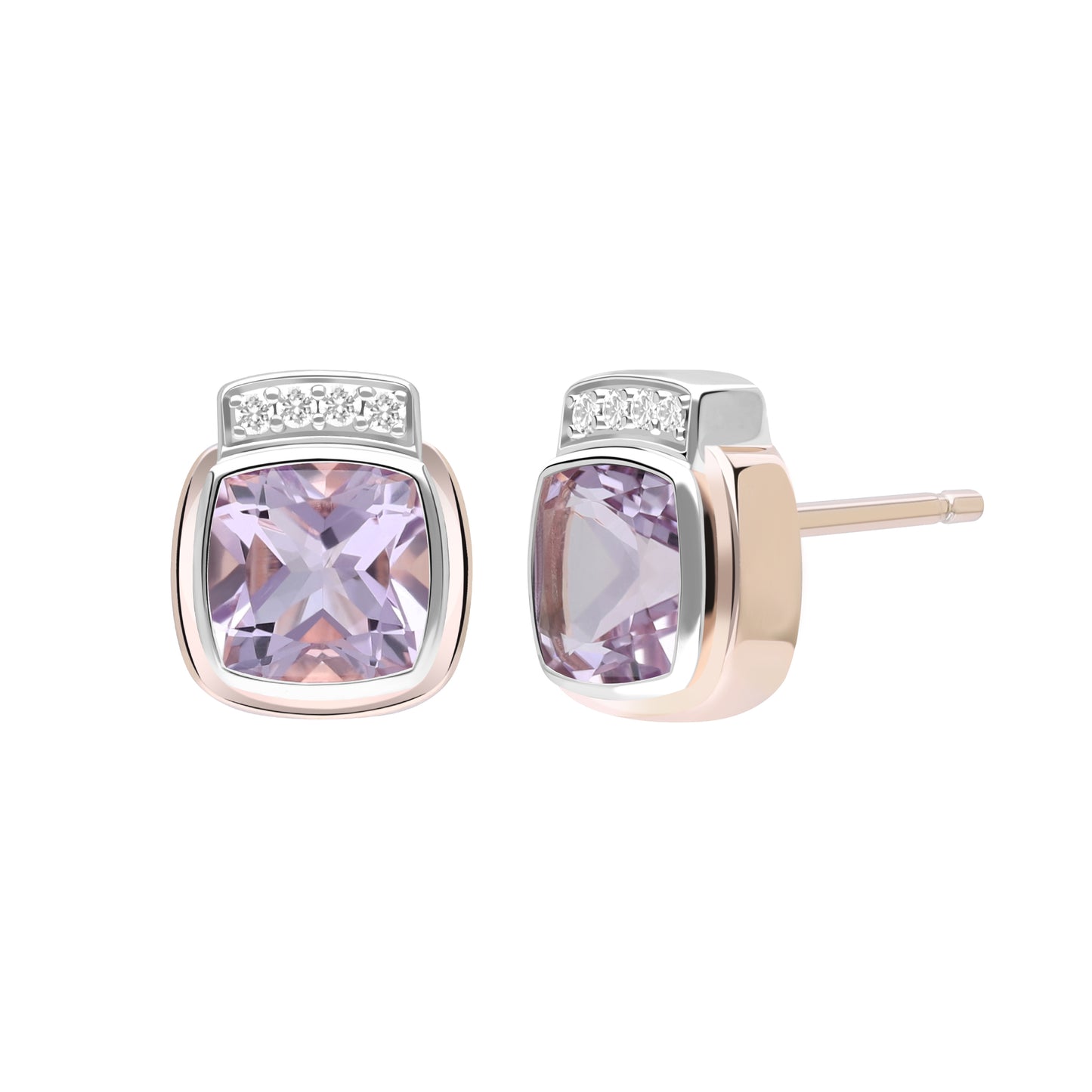 Le Petite Folie: Pink Amethyst Cushion Cut Bezel Set with White Topaz Accents Two-Tone Stud Earrings in Rose Gold Plated 925 Sterling Silver