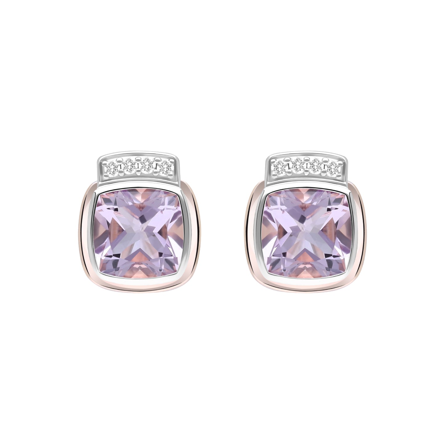 Le Petite Folie: Pink Amethyst Cushion Cut Bezel Set with White Topaz Accents Two-Tone Stud Earrings in Rose Gold Plated 925 Sterling Silver