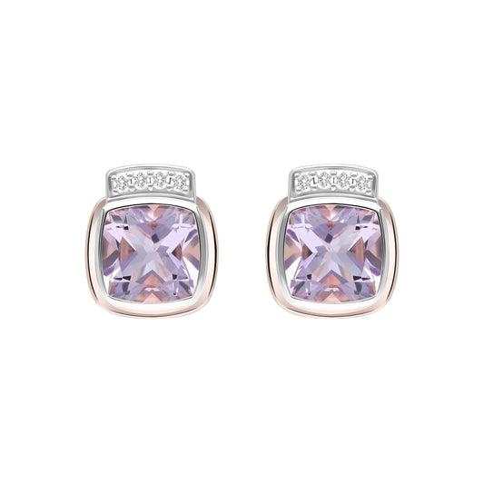 Le Petite Folie: Pink Amethyst Cushion Cut Bezel Set with White Topaz Accents Two-Tone Stud Earrings in Rose Gold Plated 925 Sterling Silver