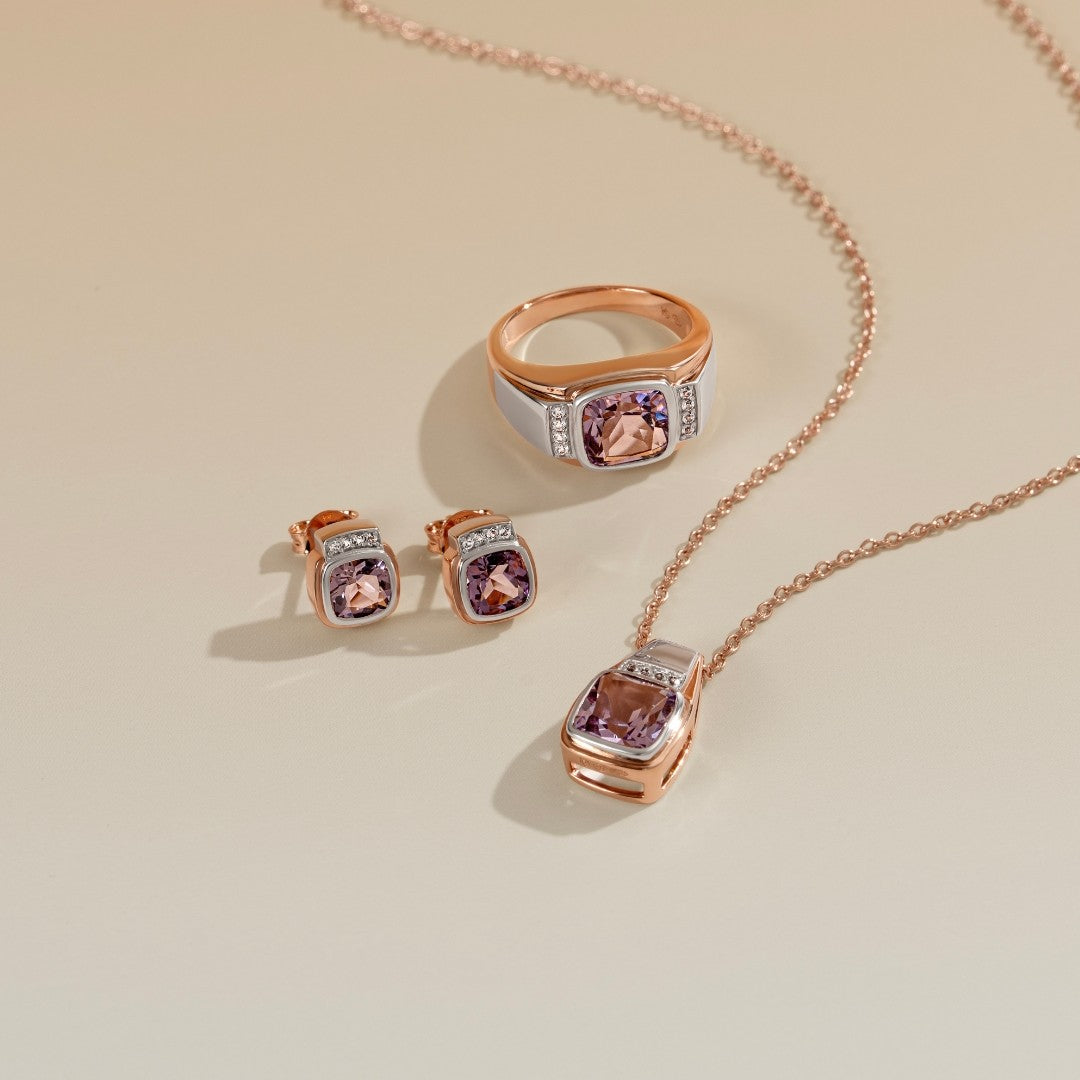 Le Petite Folie: Pink Amethyst Cushion Cut Bezel Set with White Topaz Accents Two-Tone Stud Earrings in Rose Gold Plated 925 Sterling Silver