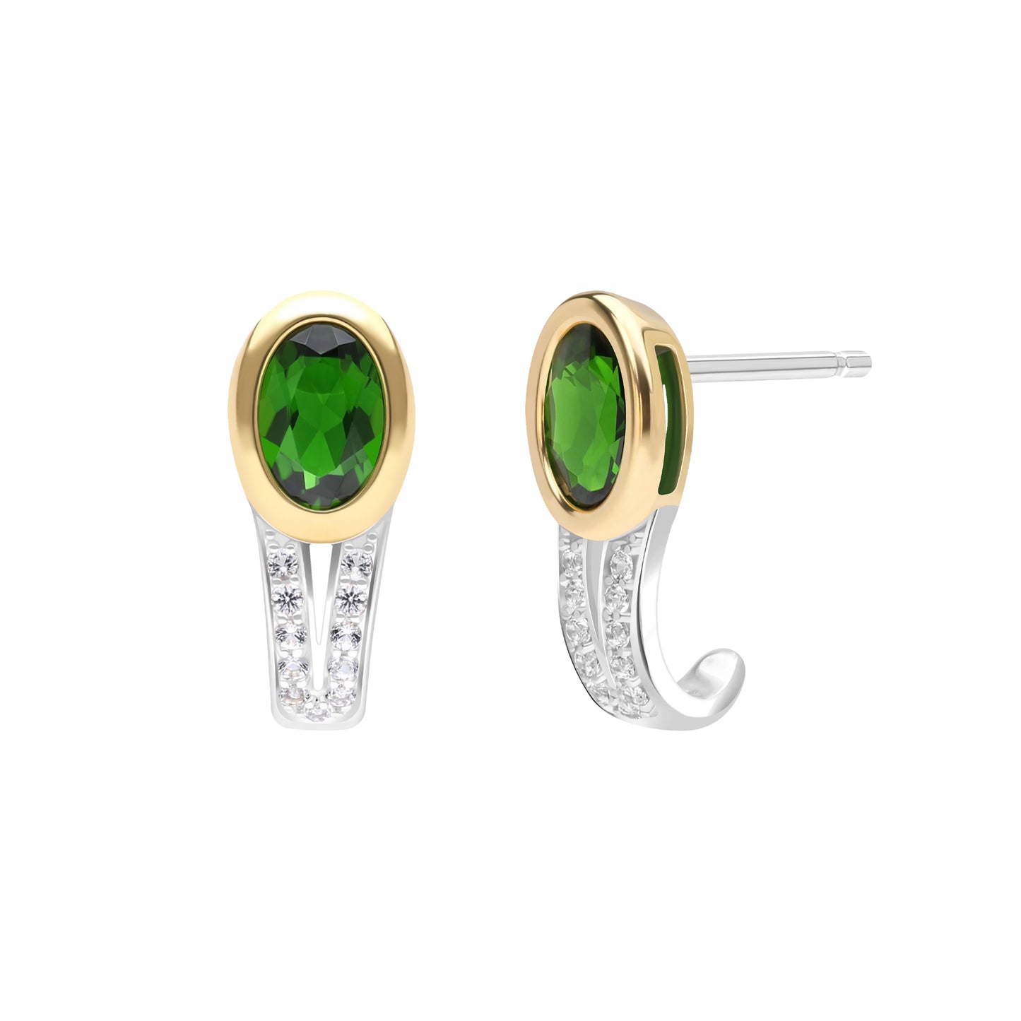 Le Petite Folie: Faceted Chrome Diopside Bezel Set Ear Huggie Studs with White Topaz Accents in Yellow Gold and Rhodium Plated 925 Silver