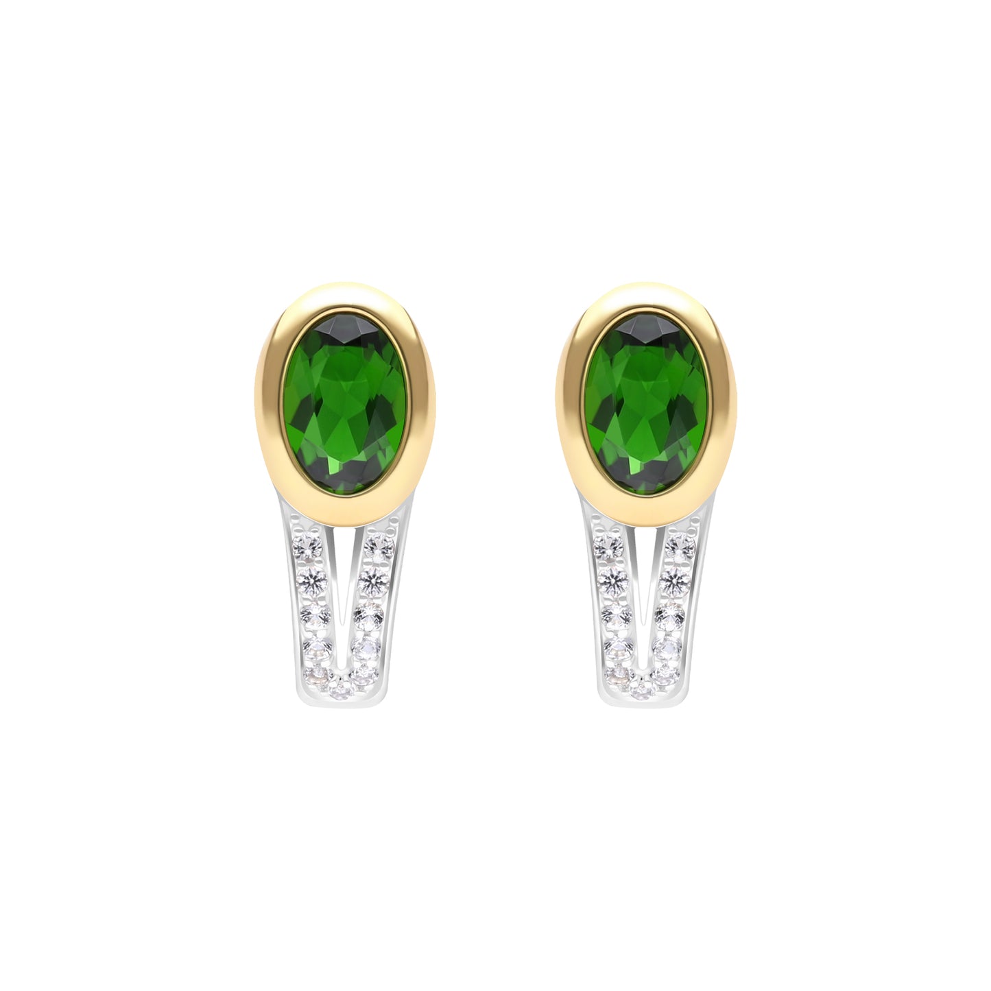 Le Petite Folie: Faceted Chrome Diopside Bezel Set Ear Huggie Studs with White Topaz Accents in Yellow Gold and Rhodium Plated 925 Silver