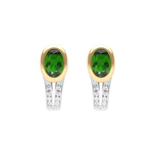 Le Petite Folie: Faceted Chrome Diopside Bezel Set Ear Huggie Studs with White Topaz Accents in Yellow Gold and Rhodium Plated 925 Silver