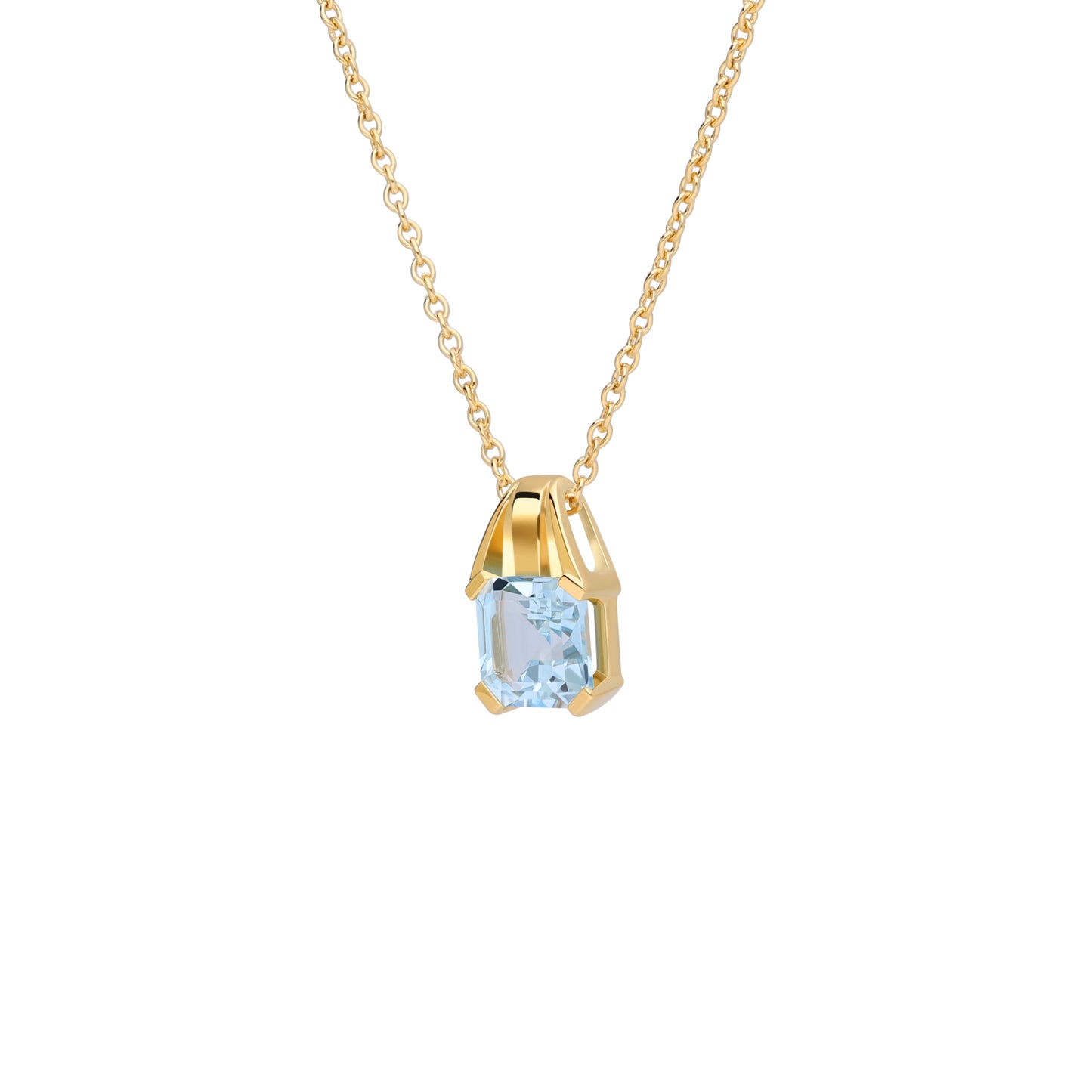 Le Petite Folie: Light Blue Topaz Princess Cut Tension Set Pendant Necklace in Gold Plated 925 Sterling Silver
