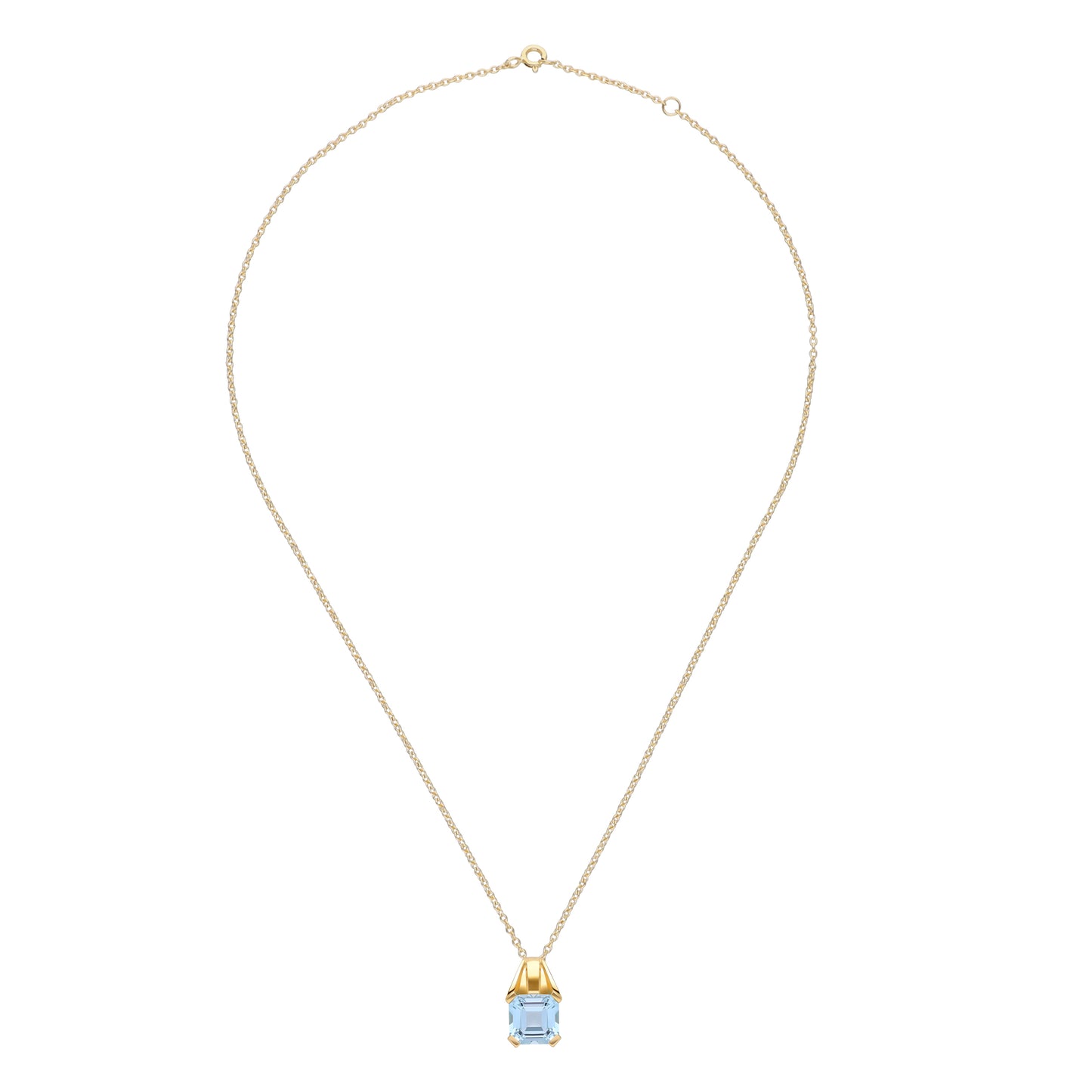 Le Petite Folie: Light Blue Topaz Princess Cut Tension Set Pendant Necklace in Gold Plated 925 Sterling Silver