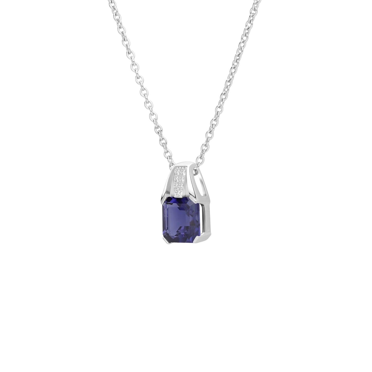 Le Petite Folie: Iolite Emerald Cut 4-Prong Pendant Necklace with White Topaz Accents in Rhodium Plated 925 Silver