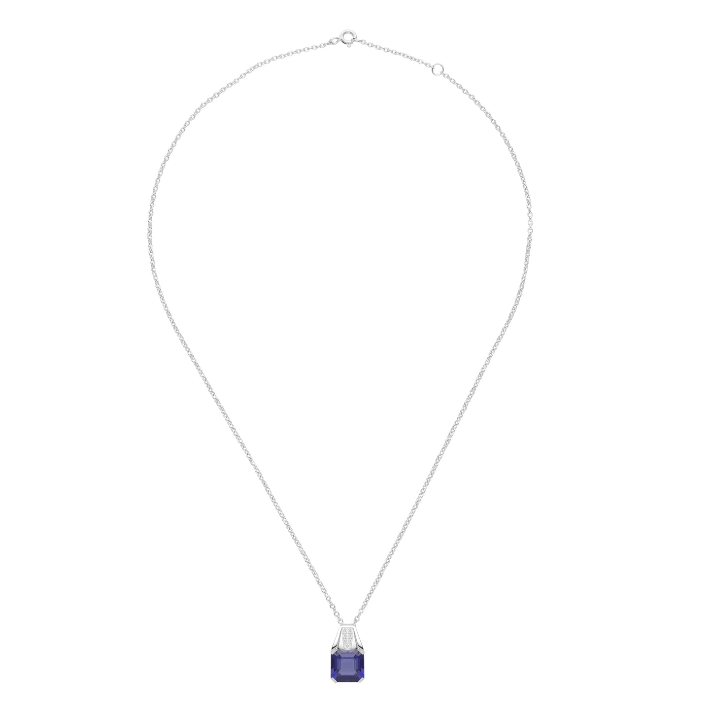 Le Petite Folie: Iolite Emerald Cut 4-Prong Pendant Necklace with White Topaz Accents in Rhodium Plated 925 Silver