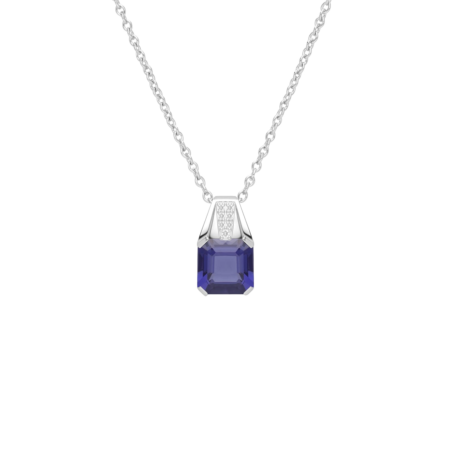 Le Petite Folie: Iolite Emerald Cut 4-Prong Pendant Necklace with White Topaz Accents in Rhodium Plated 925 Silver