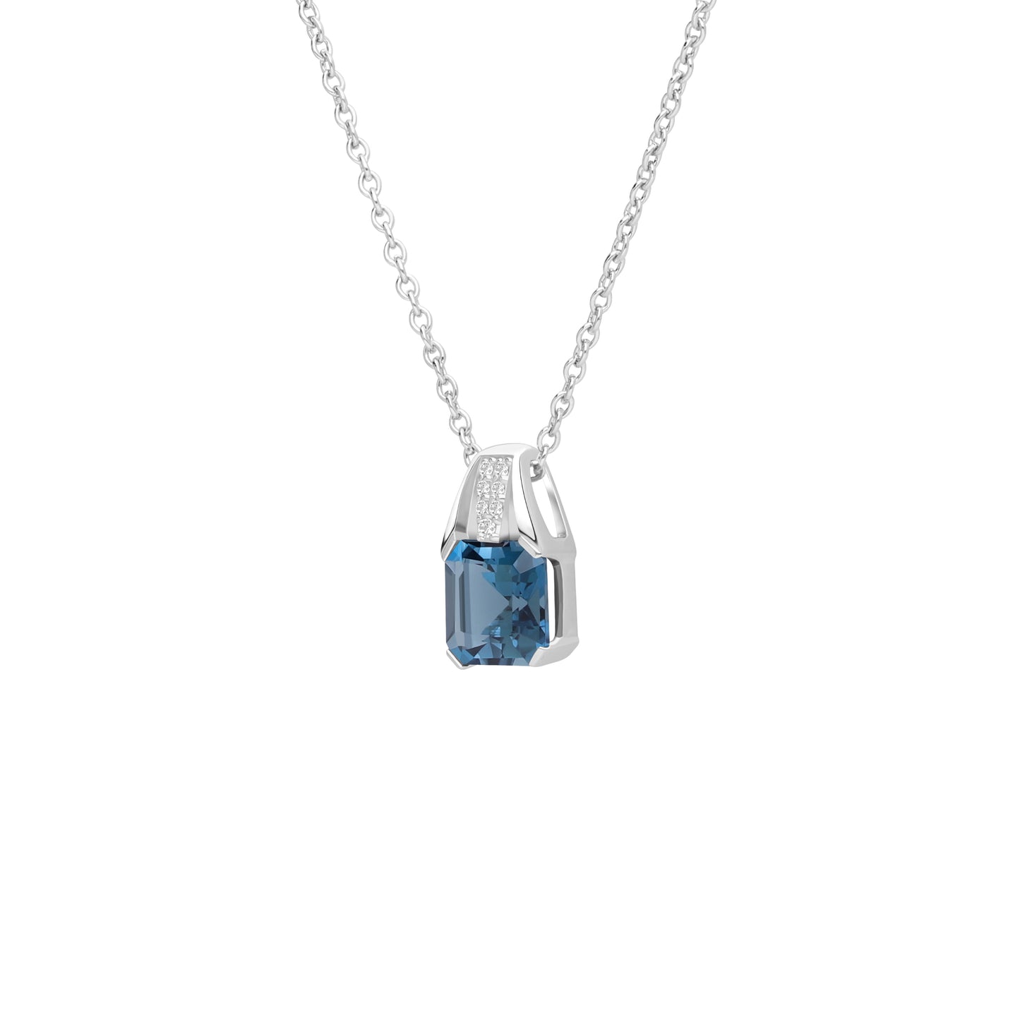 Le Petite Folie: London Blue Topaz Emerald Cut 4-Prong Pendant Necklace with White Topaz Accents in Rhodium Plated 925 Silver