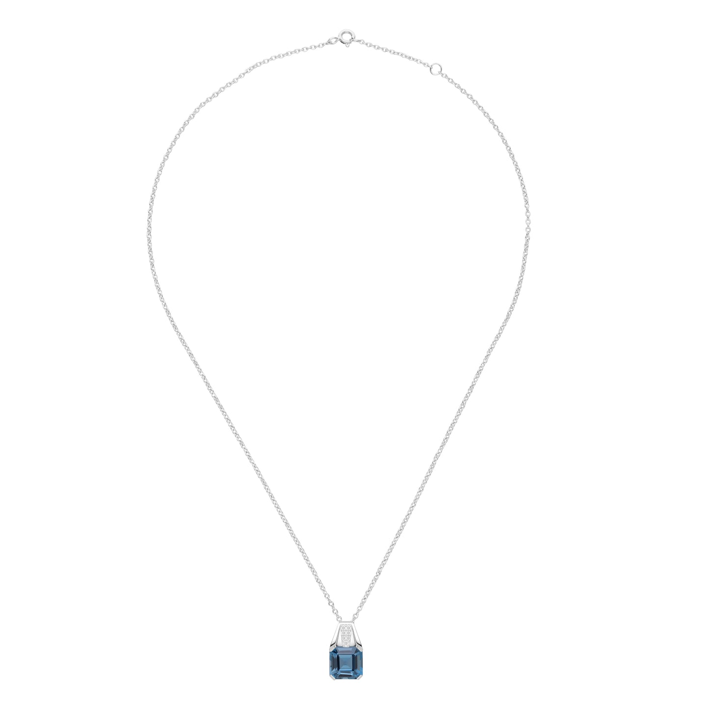 Le Petite Folie: London Blue Topaz Emerald Cut 4-Prong Pendant Necklace with White Topaz Accents in Rhodium Plated 925 Silver