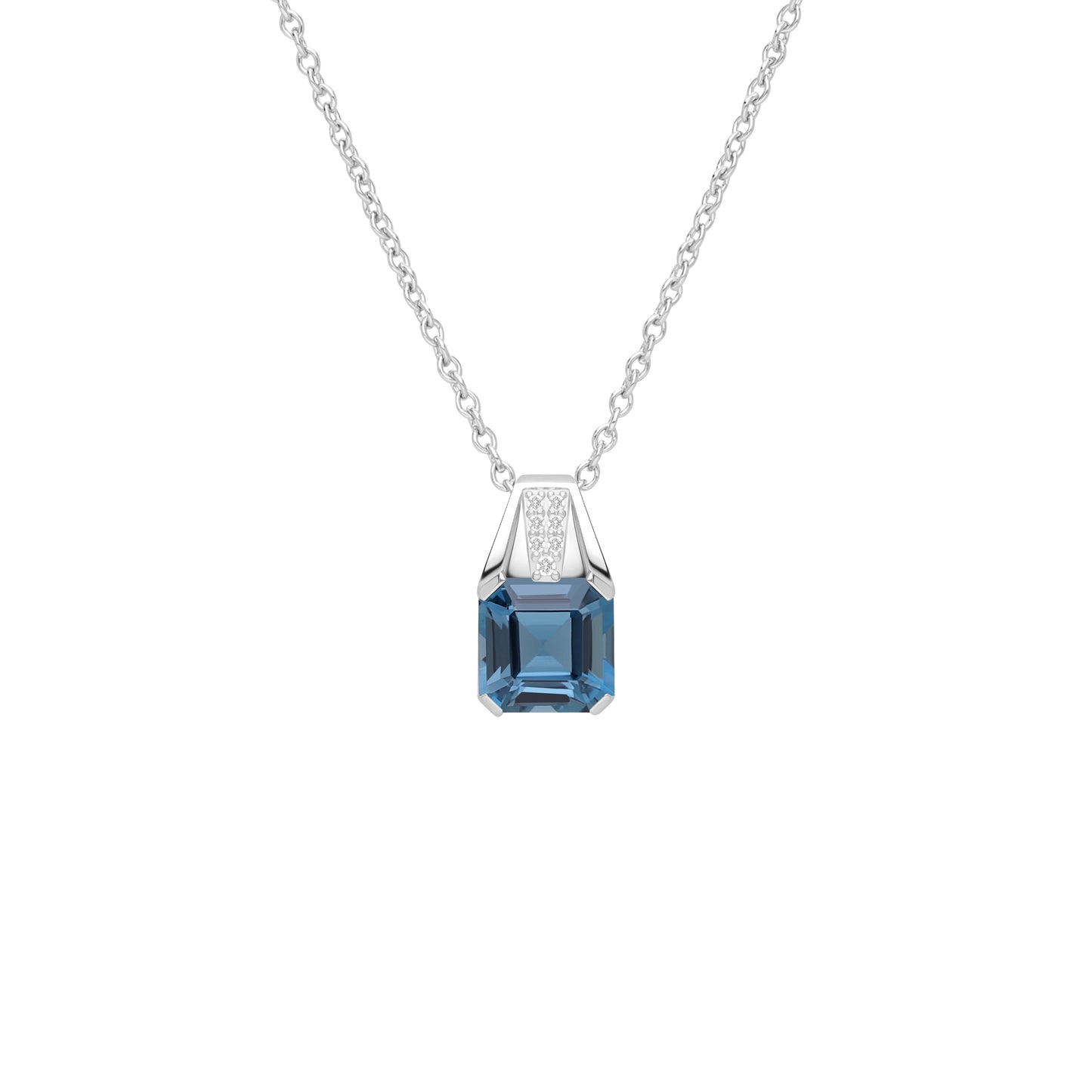Le Petite Folie: London Blue Topaz Emerald Cut 4-Prong Pendant Necklace with White Topaz Accents in Rhodium Plated 925 Silver