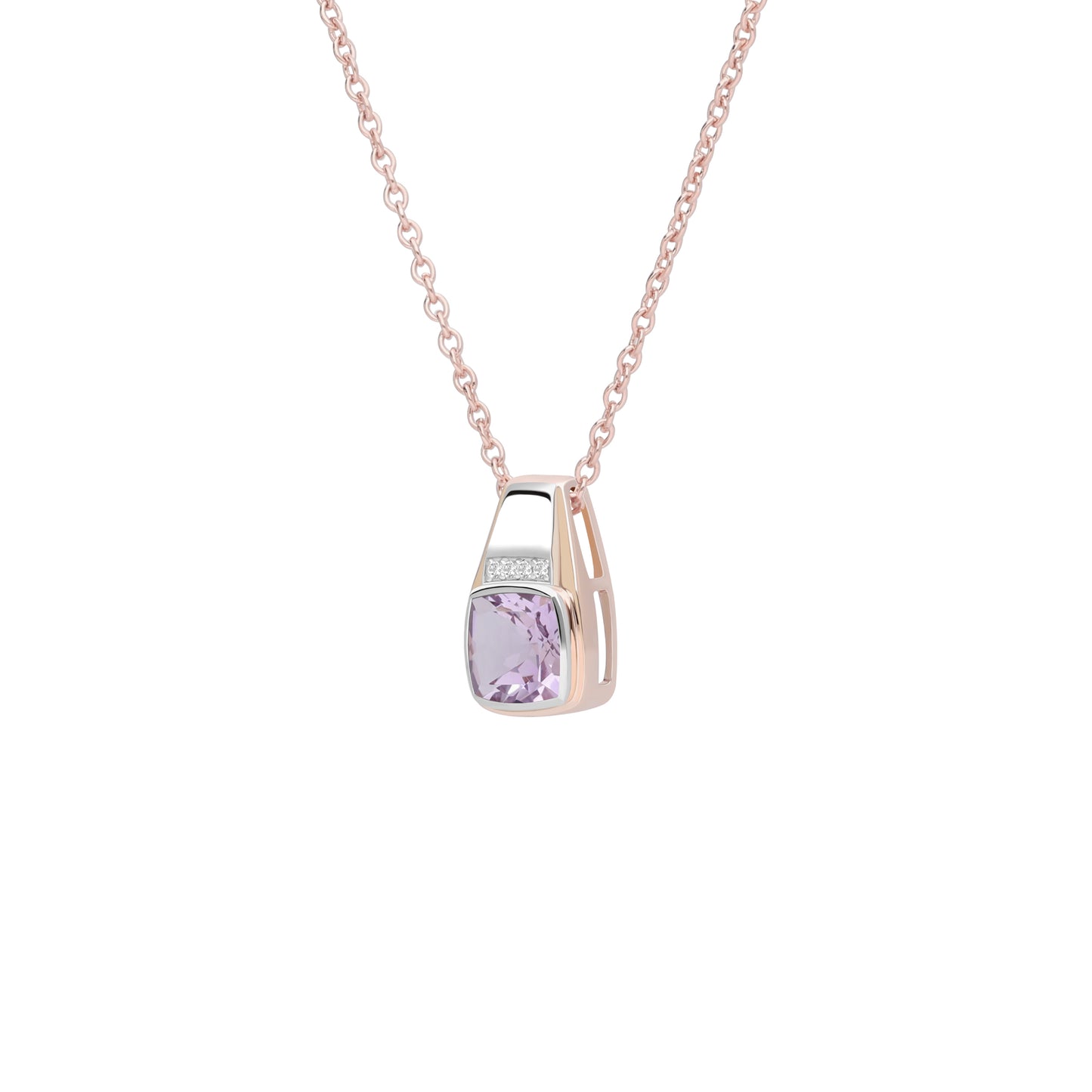 Le Petite Folie: Pink Amethyst Cushion Cut Bezel Set with White Topaz Accents Two-Tone Pendant Necklace in Rose Gold and Rhodium Plated 925 Silver