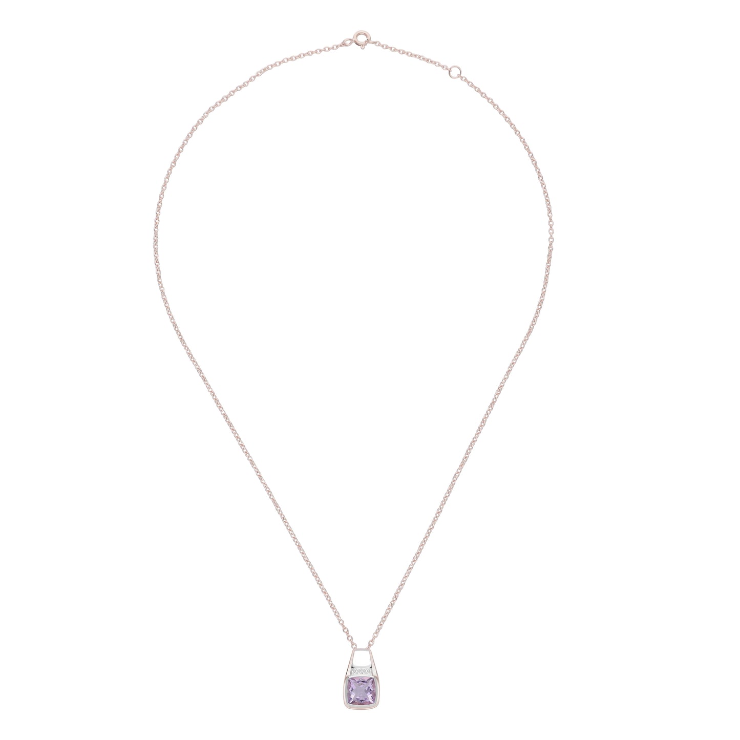 Le Petite Folie: Pink Amethyst Cushion Cut Bezel Set with White Topaz Accents Two-Tone Pendant Necklace in Rose Gold and Rhodium Plated 925 Silver