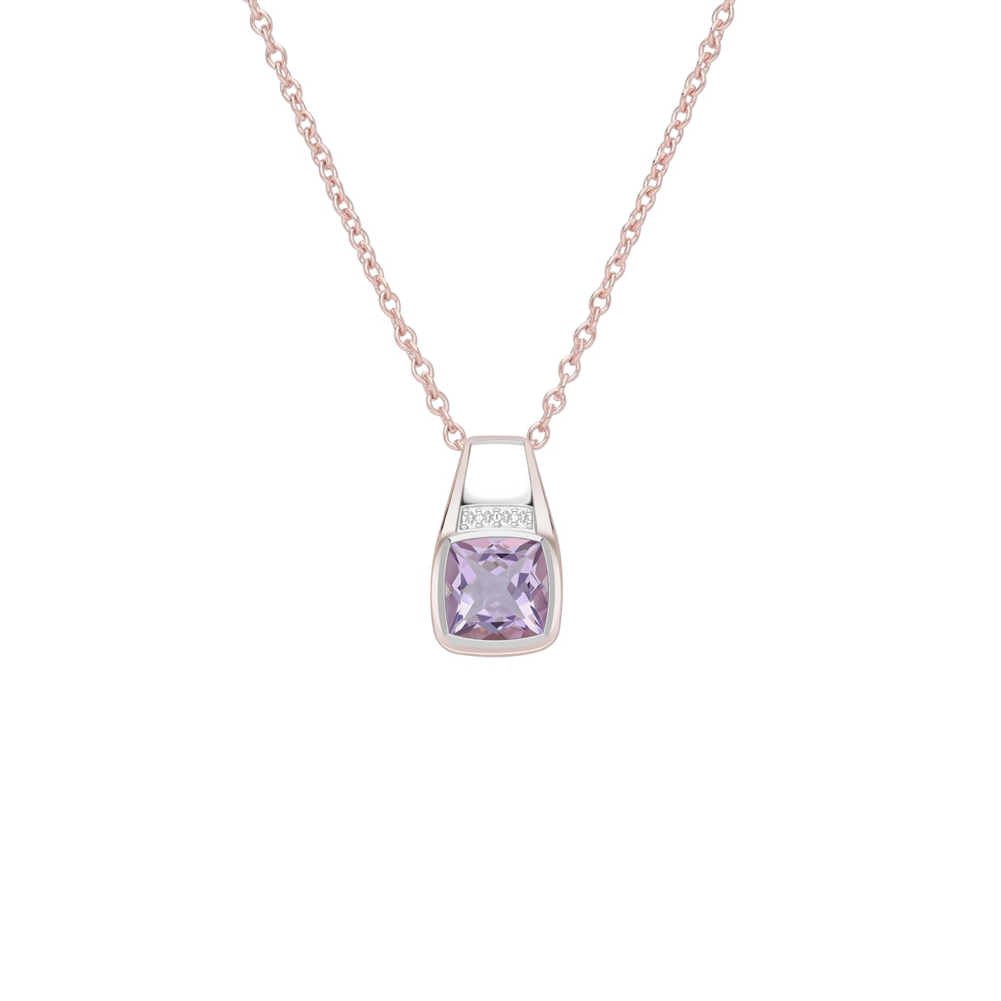 Le Petite Folie: Pink Amethyst Cushion Cut Bezel Set with White Topaz Accents Two-Tone Pendant Necklace in Rose Gold and Rhodium Plated 925 Silver