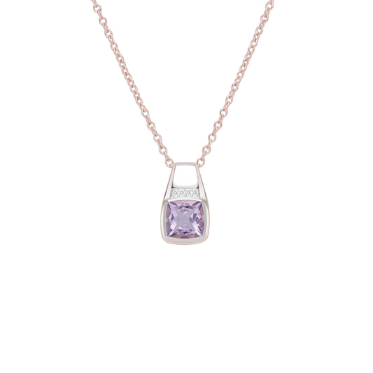 Le Petite Folie: Pink Amethyst Cushion Cut Bezel Set with White Topaz Accents Two-Tone Pendant Necklace in Rose Gold and Rhodium Plated 925 Silver