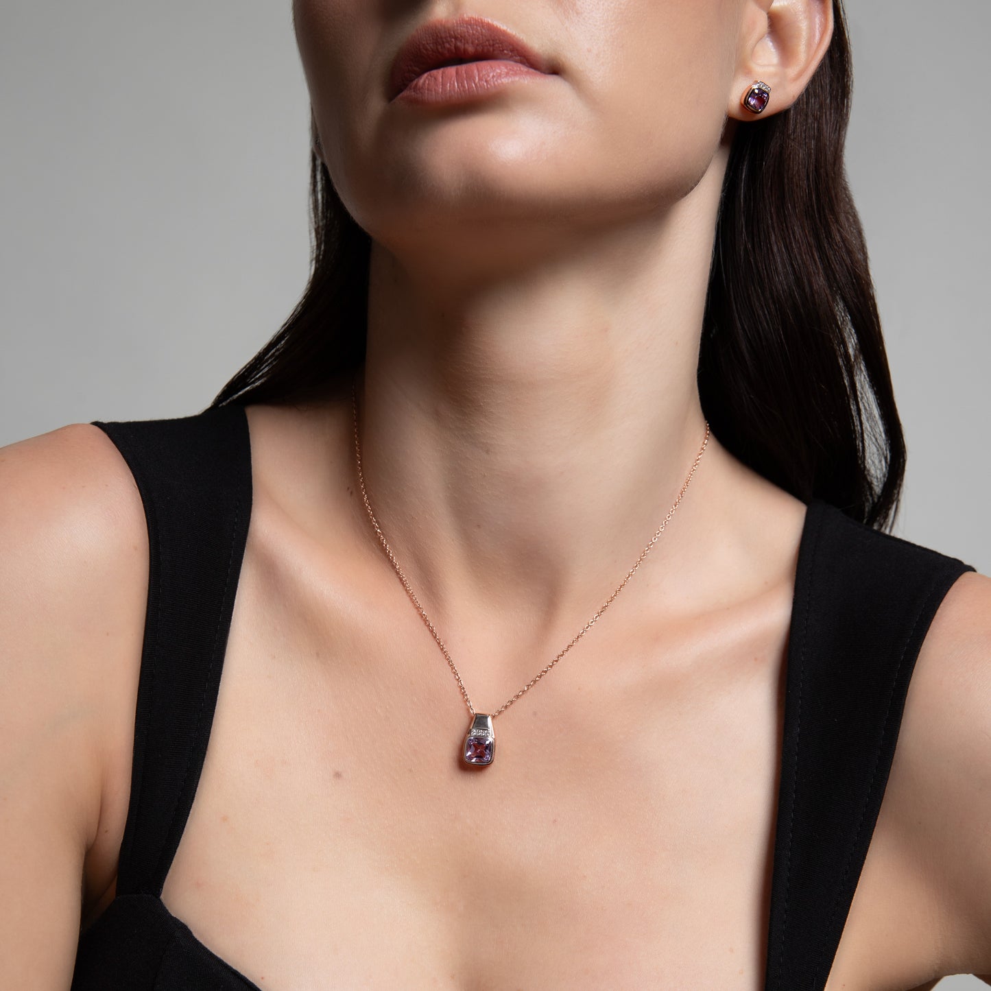 Le Petite Folie: Pink Amethyst Cushion Cut Bezel Set with White Topaz Accents Two-Tone Pendant Necklace in Rose Gold and Rhodium Plated 925 Silver