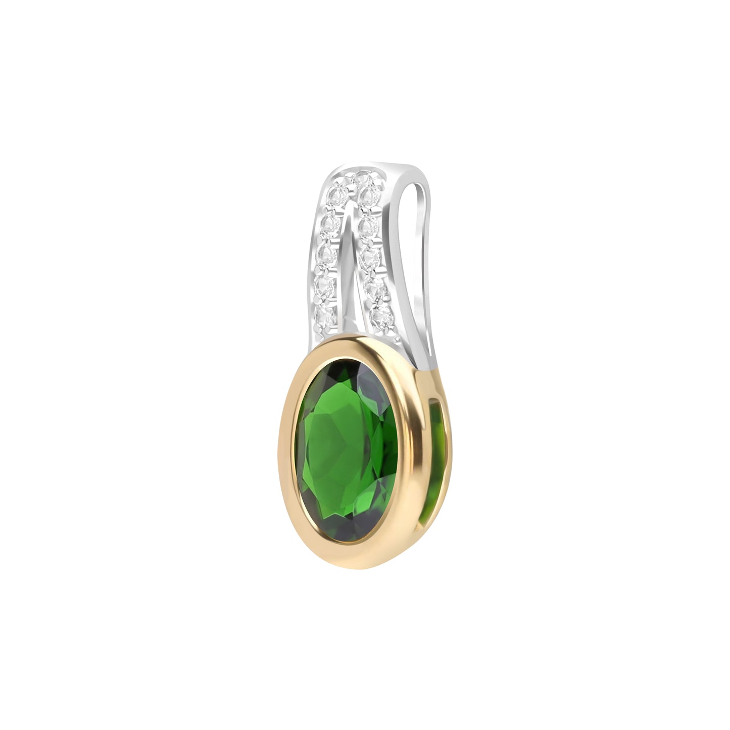 Le Petite Folie: Faceted Chrome Diopside Bezel Set Pendant with White Topaz Accents in Yellow Gold and Rhodium Plated 925 Silver