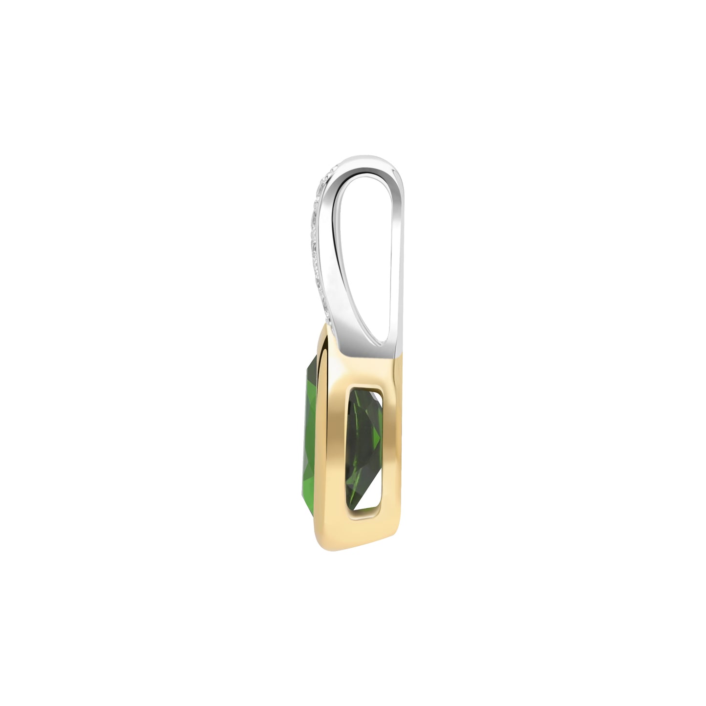 Le Petite Folie: Faceted Chrome Diopside Bezel Set Pendant with White Topaz Accents in Yellow Gold and Rhodium Plated 925 Silver