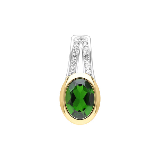Le Petite Folie: Faceted Chrome Diopside Bezel Set Pendant with White Topaz Accents in Yellow Gold and Rhodium Plated 925 Silver