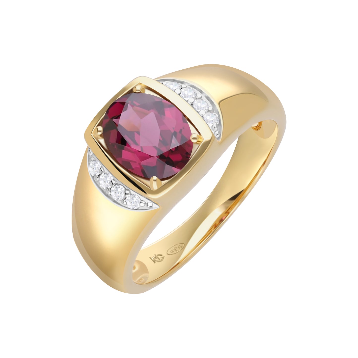 Le Petite Folie: Rhodolite Garnet Oval Cut 4-Prong with White Topaz Accent Band Ring in Gold Plated 925 Sterling Silver