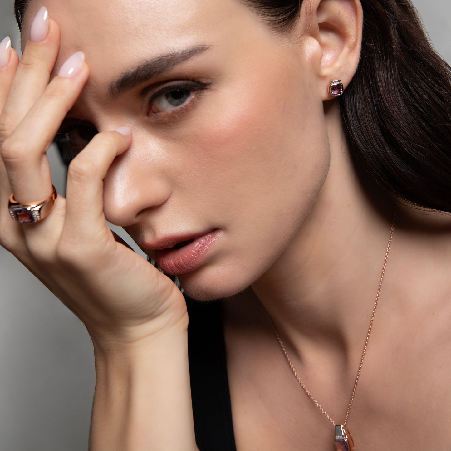 Le Petite Folie: Pink Amethyst Cushion Cut Bezel Set with White Topaz Accents Two-Tone Stud Earrings in Rose Gold Plated 925 Sterling Silver