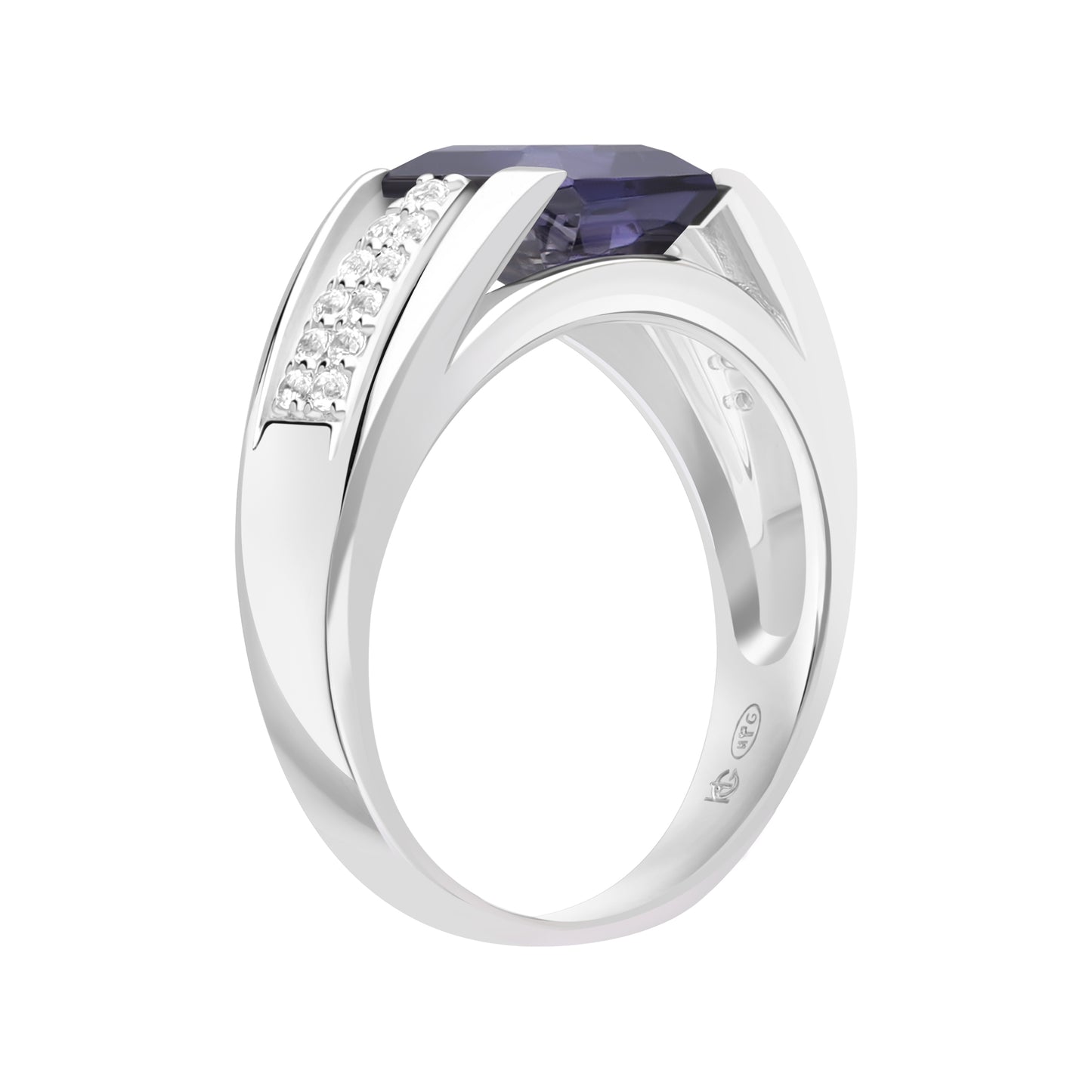 Le Petite Folie: Iolite Emerald Cut 4-Prong Band Ring with White Topaz Accents in Rhodium Plated 925 Silver