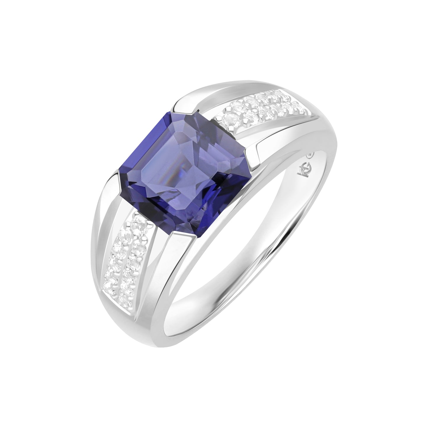 Le Petite Folie: Iolite Emerald Cut 4-Prong Band Ring with White Topaz Accents in Rhodium Plated 925 Silver