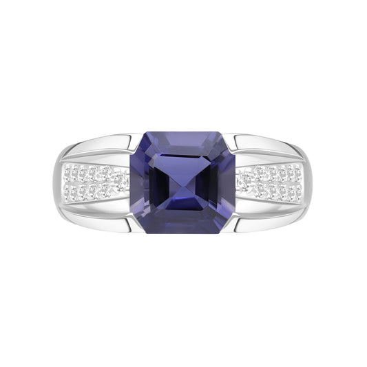 Le Petite Folie: Iolite Emerald Cut 4-Prong Band Ring with White Topaz Accents in Rhodium Plated 925 Silver