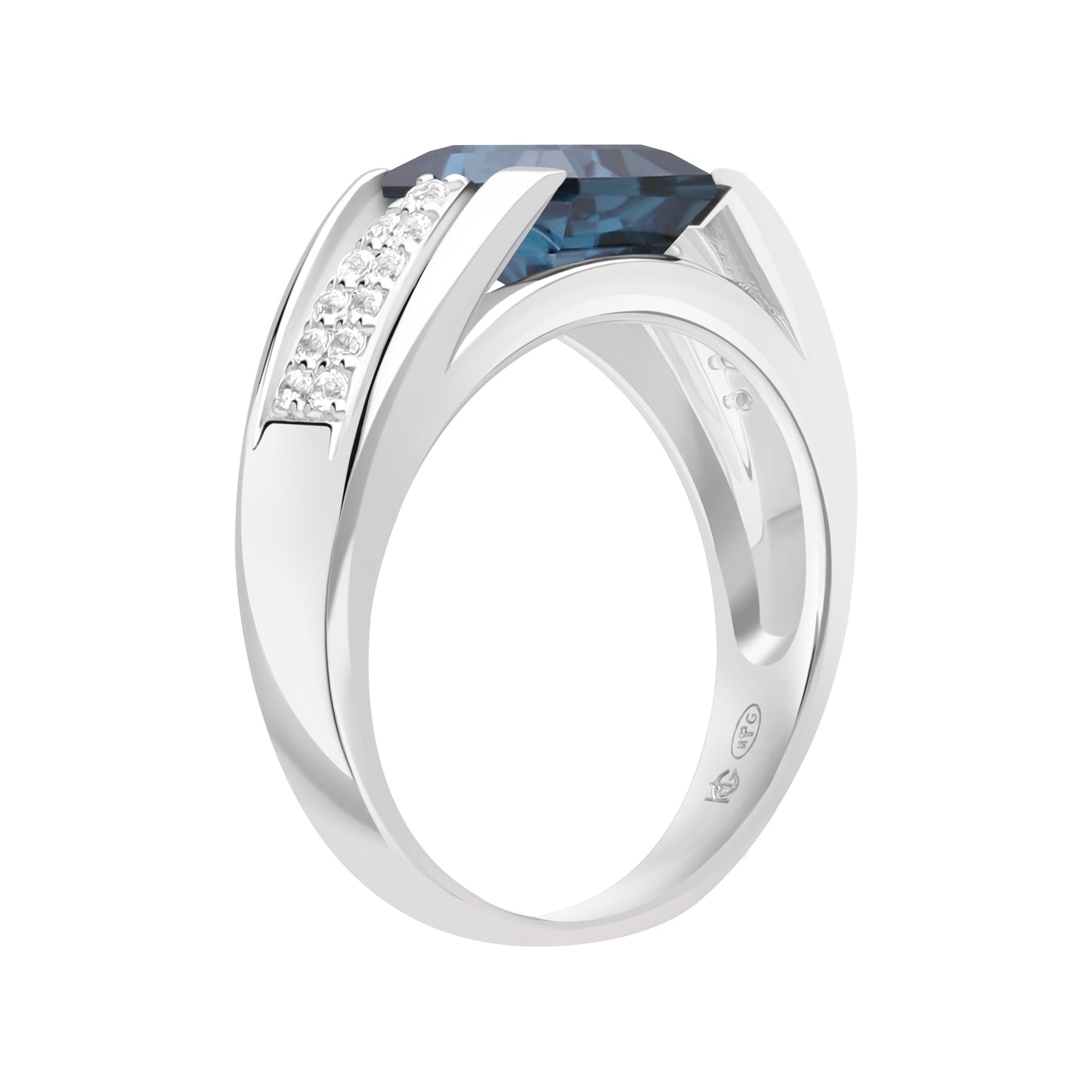 Le Petite Folie: London Blue Topaz Emerald Cut 4-Prong Band Ring with White Topaz Accents in Rhodium Plated 925 Silver