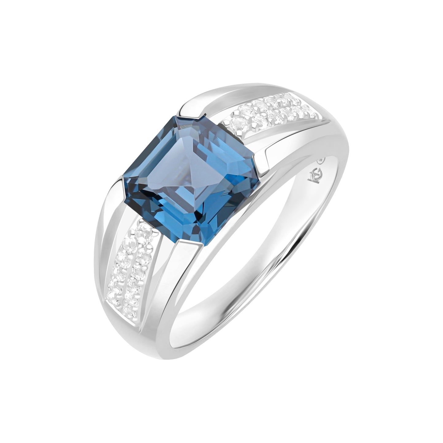 Le Petite Folie: London Blue Topaz Emerald Cut 4-Prong Band Ring with White Topaz Accents in Rhodium Plated 925 Silver
