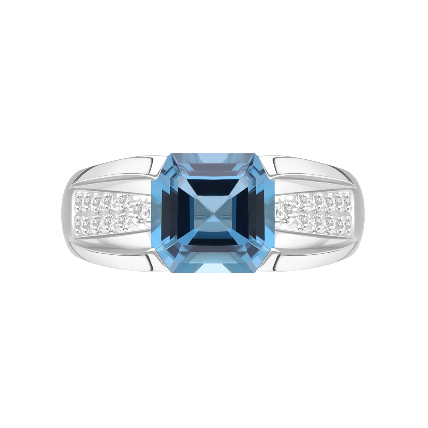 Le Petite Folie: London Blue Topaz Emerald Cut 4-Prong Band Ring with White Topaz Accents in Rhodium Plated 925 Silver