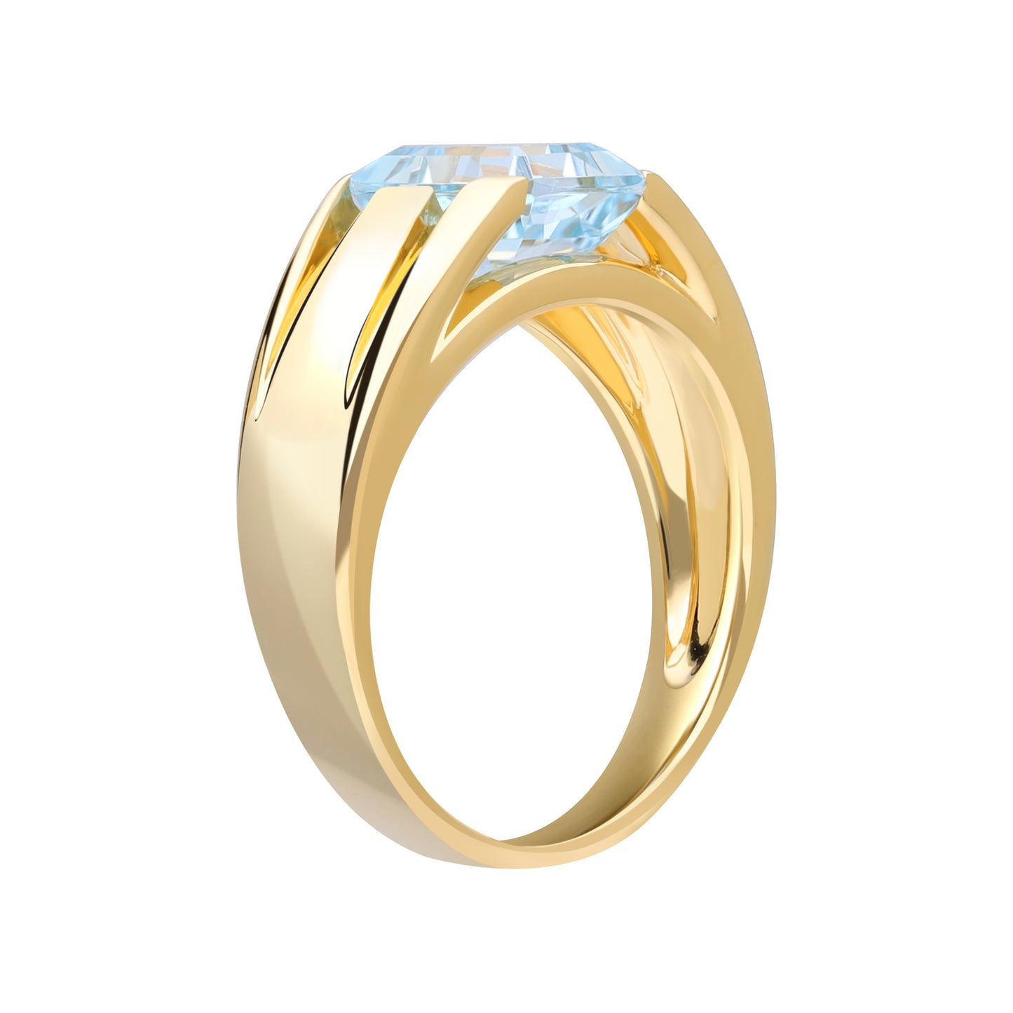 Le Petite Folie: Light Blue Topaz Princess Cut Tension Set Band Ring in Gold Plated 925 Sterling Silver