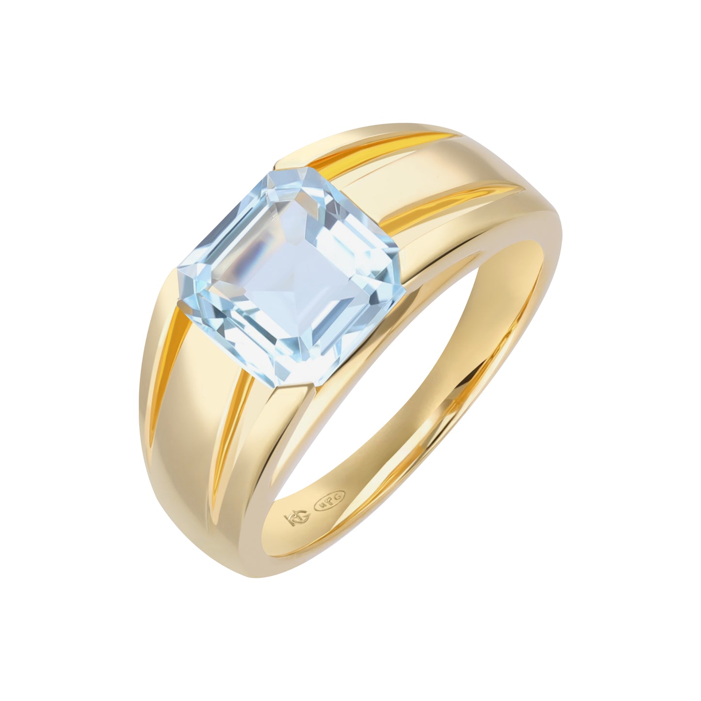 Le Petite Folie: Light Blue Topaz Princess Cut Tension Set Band Ring in Gold Plated 925 Sterling Silver