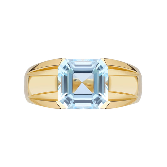 Le Petite Folie: Light Blue Topaz Princess Cut Tension Set Band Ring in Gold Plated 925 Sterling Silver
