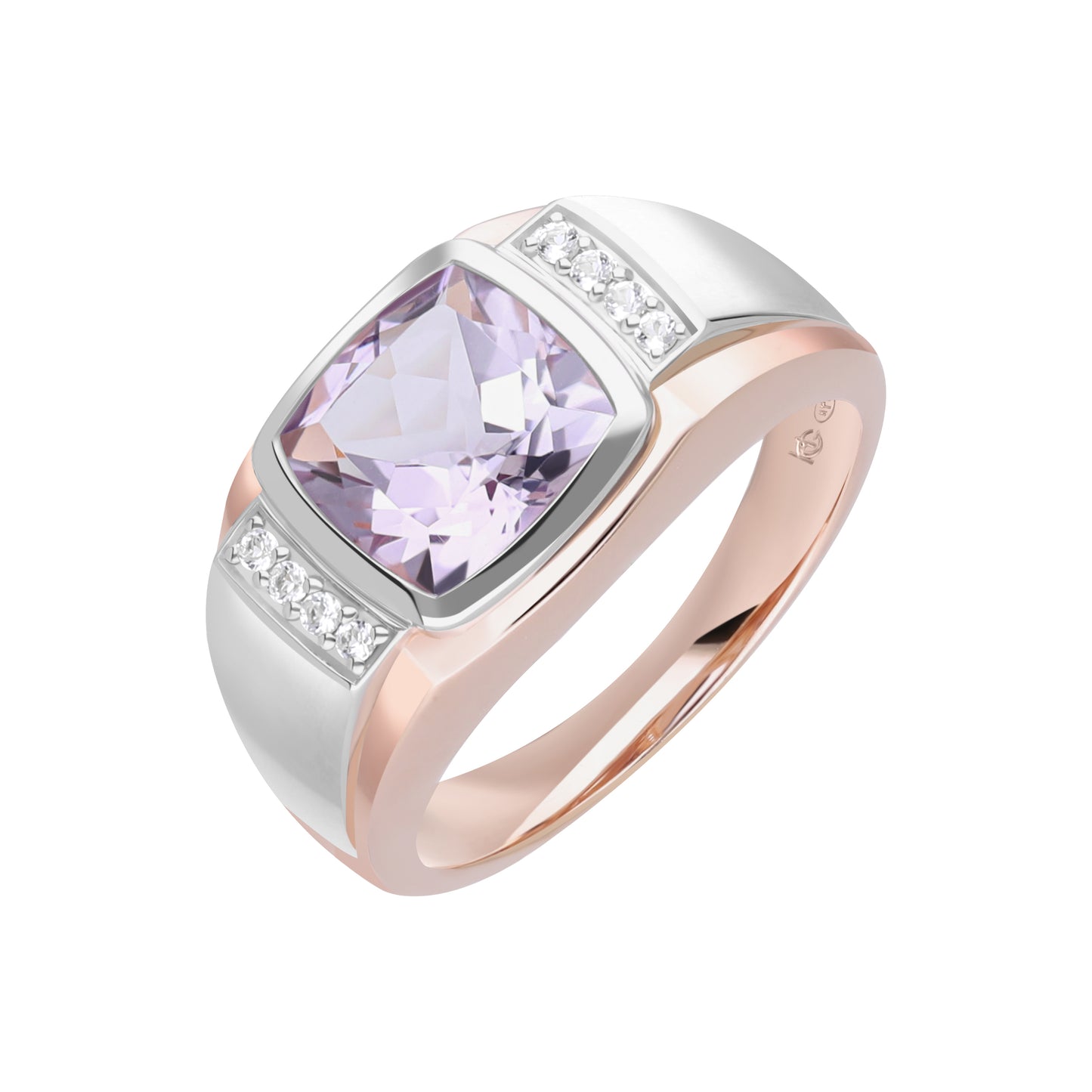 Le Petite Folie: Pink Amethyst Cushion Cut Bezel Set Two-Tone Ring with White Topaz Shoulders in Rose Gold and Rhodium Plated 925 Silver