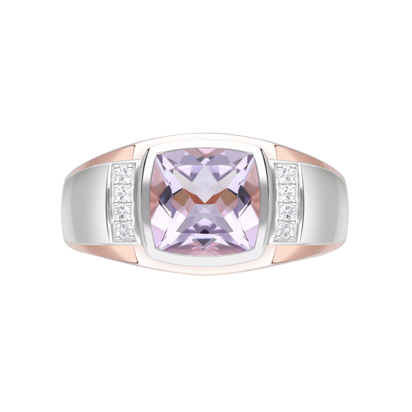 Le Petite Folie: Pink Amethyst Cushion Cut Bezel Set Two-Tone Ring with White Topaz Shoulders in Rose Gold and Rhodium Plated 925 Silver