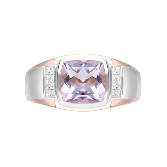 Le Petite Folie: Pink Amethyst Cushion Cut Bezel Set Two-Tone Ring with White Topaz Shoulders in Rose Gold and Rhodium Plated 925 Silver