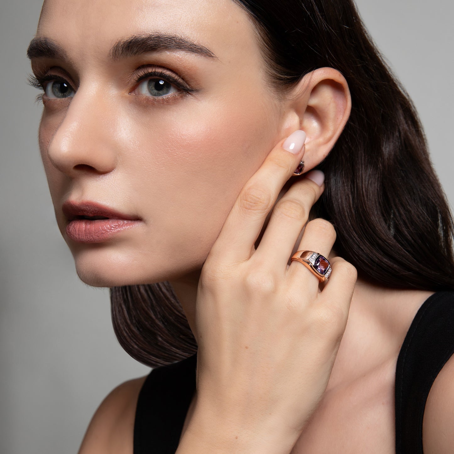 Le Petite Folie: Pink Amethyst Cushion Cut Bezel Set Two-Tone Ring with White Topaz Shoulders in Rose Gold and Rhodium Plated 925 Silver